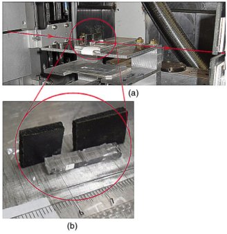 a) Experimental set up, red line: neutron beam. b) Broken silica sample in front of the B4C black plates limiting the analysis area.