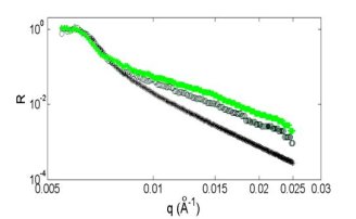 The measured reflectivities R are plotted as a function of the scattering wavevector q. Black stars: control specimen. Green symbols: fracture surfaces (filled symbols correspond to the highest applied load).